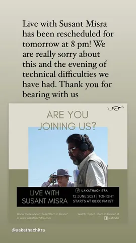 Live with Susant Misra has been rescheduled for tomorrow at 8 pm! We are really sorry about this and the evening of technical difficulties we have had. Thank you for bearing with us